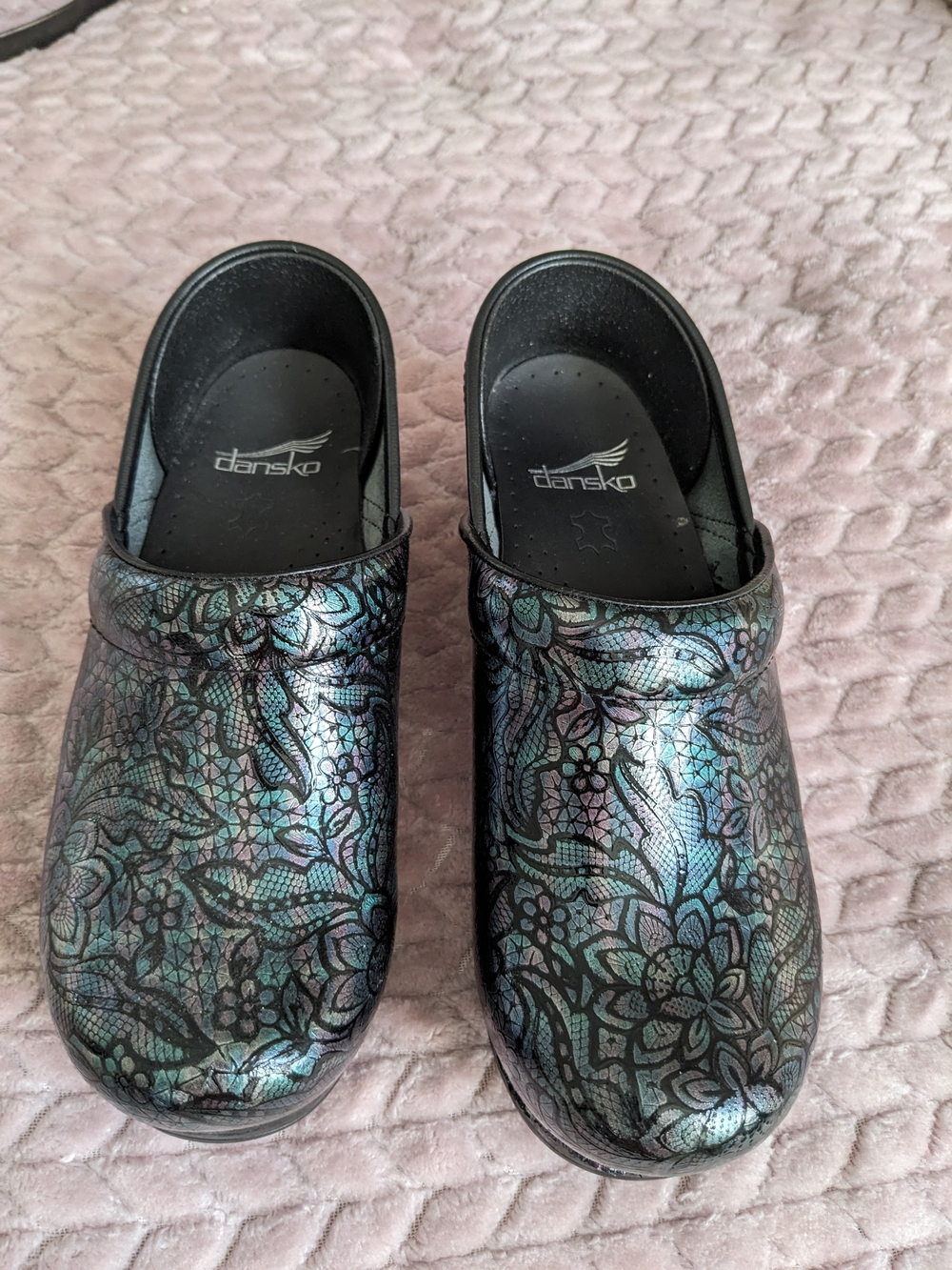 New Dansko Iridescent Floral Black Slip-On Clogs - Size 36